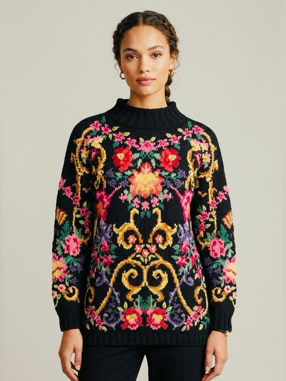 Vintage Jennifer Reed Hand Knit Floral Sweater Large Black Ramie Cotton 90s